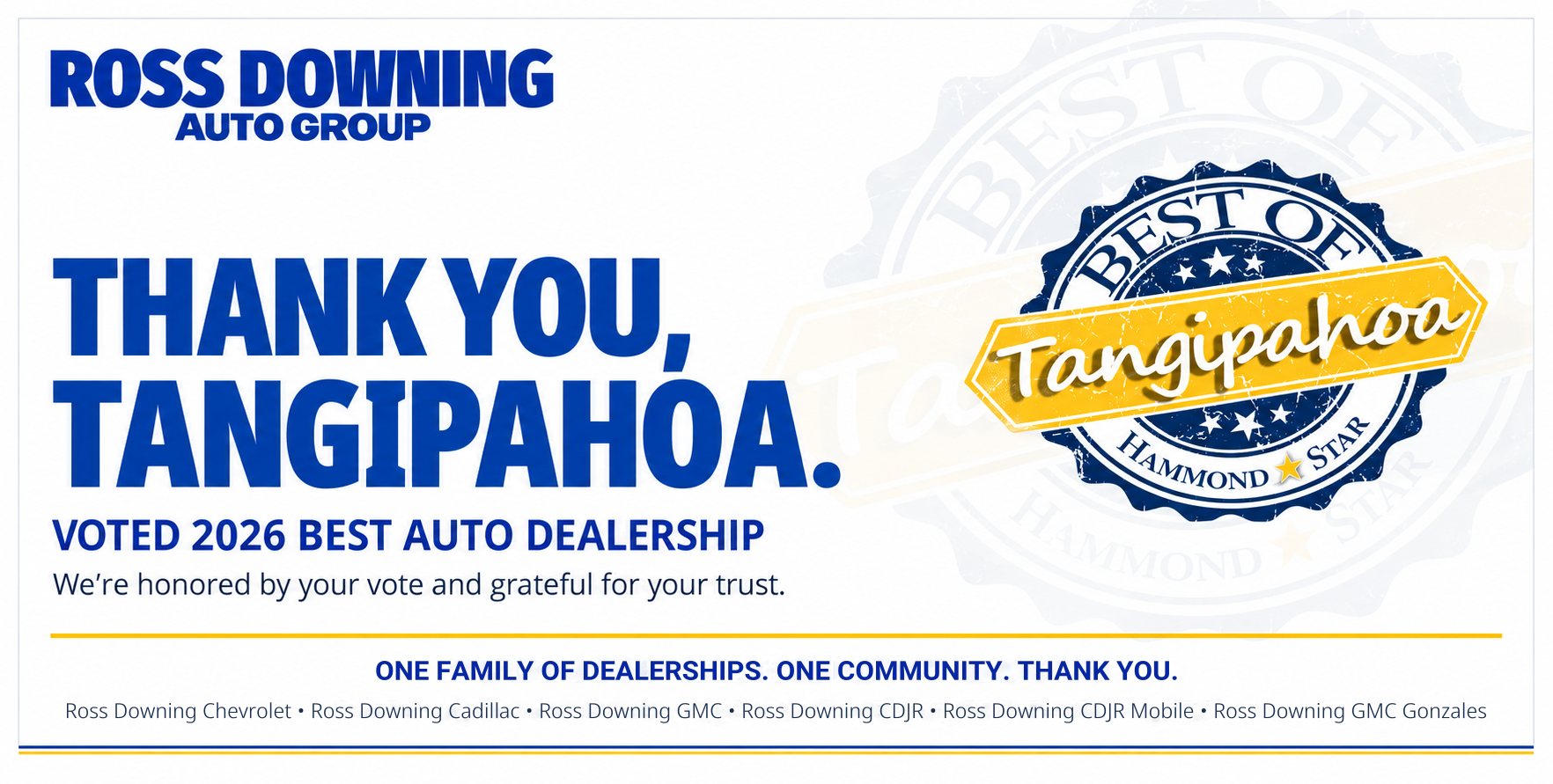 Voted 2026 Best Auto Dealership in Tangipahoa